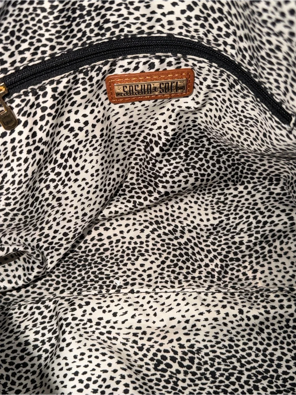 Sasha + Sofi Cognac Brown Faux Leather Pouch Clutch Zip Bag Speckled Lining